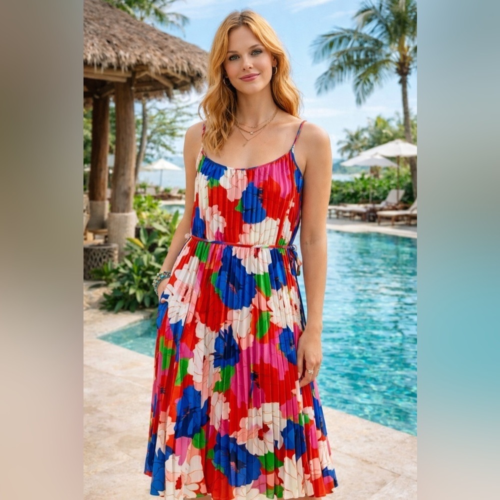 NWT Sam Edelman Pleated Floral Midi Dress Resort Vacation Colorful Sundress M - Picture 3 of 12